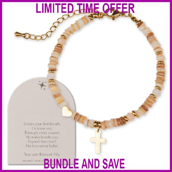 Natural Shell Beaded Bracelet with Cross Heart Charms Gold Plated Adjustable - Picture 1 of 7